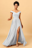 A Line Off the Shoulder Ruched Long Chiffon Bridesmaid Dress with Slit