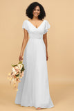 V-Neck Cape Long Floor Length Chiffon Bridesmaid Dress