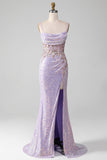 Lilac Mermaid Spaghetti Straps Sparkly Sequin Corset Prom Dress with Slit