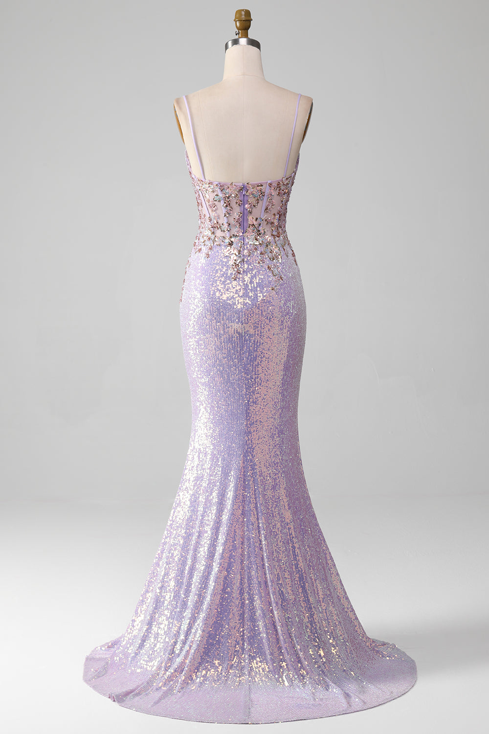 Lilac Mermaid Spaghetti Straps Sparkly Sequin Corset Prom Dress with Slit