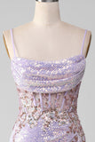 Lilac Mermaid Spaghetti Straps Sparkly Sequin Corset Prom Dress with Slit