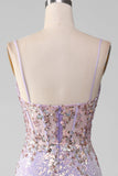 Lilac Mermaid Spaghetti Straps Sparkly Sequin Corset Prom Dress with Slit