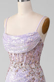 Lilac Mermaid Spaghetti Straps Sparkly Sequin Corset Prom Dress with Slit