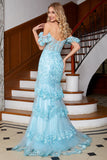 Sky Blue Mermaid Off the Shoulder Corset Long Prom Dress with Lace Ruffles