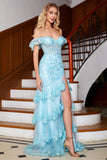 Sky Blue Mermaid Off the Shoulder Corset Long Prom Dress with Lace Ruffles