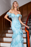 Sky Blue Mermaid Off the Shoulder Corset Long Prom Dress with Lace Ruffles