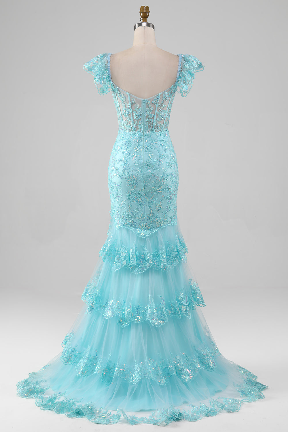 Sky Blue Mermaid Off the Shoulder Tiered Corset Prom Dress with Slit