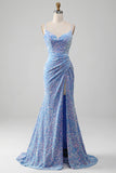 Light Blue Mermaid Sparkly Sequins Long Prom Dress with Slit