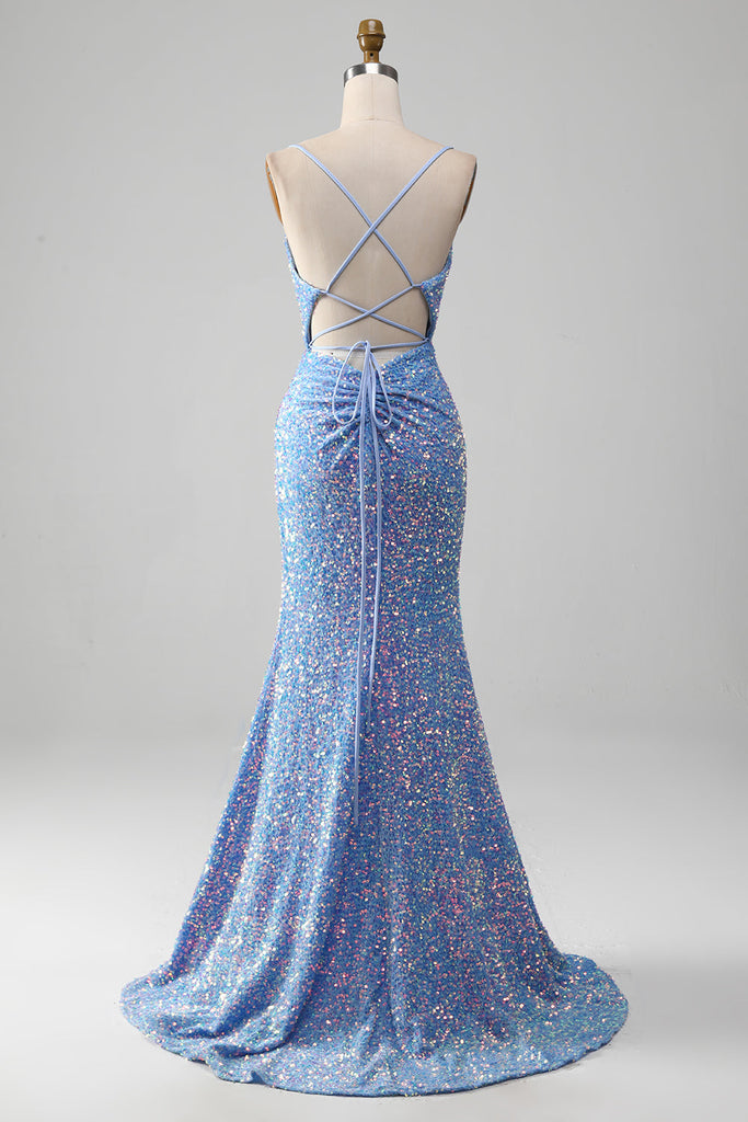 Wedtrend Women Light Blue Prom Dress with Slit Sparkly Sequins Mermaid