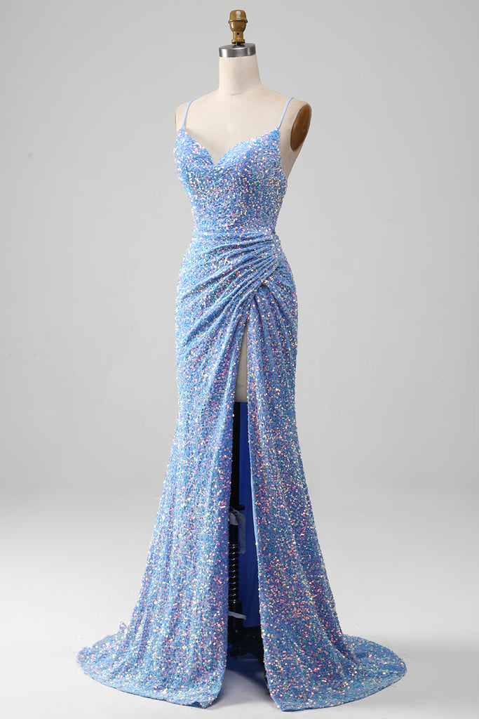 Wedtrend Women Light Blue Prom Dress with Slit Sparkly Sequins Mermaid