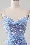 Light Blue Mermaid Sparkly Sequins Long Prom Dress with Slit