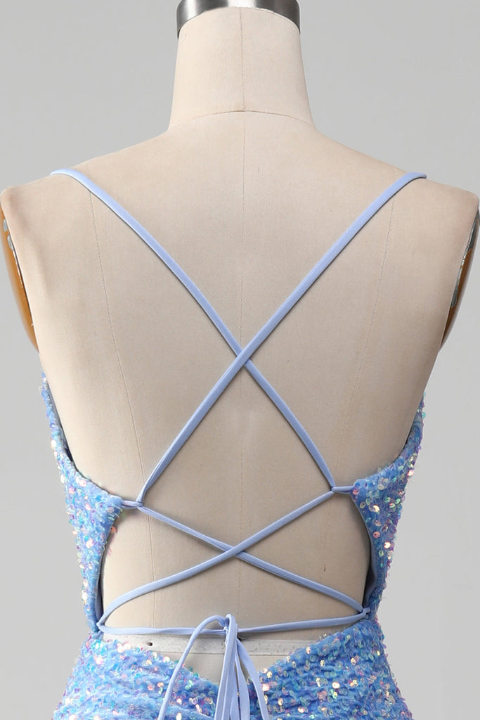 Wedtrend Women Light Blue Prom Dress with Slit Sparkly Sequins Mermaid