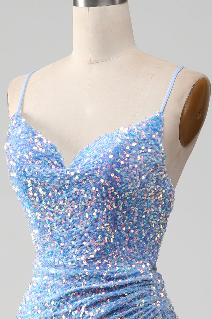 Light Blue V-Neck Sequins Long Prom Dress with Slit Y831