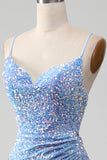 Light Blue Mermaid Sparkly Sequins Long Prom Dress with Slit