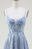 Glitter Grey Blue A-Line Spaghetti Straps Long Prom Dress With Sequins