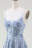 Glitter Grey Blue A-Line Spaghetti Straps Long Prom Dress With Sequins
