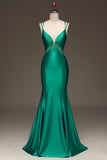 Green Mermaid Spaghetti Straps Deep V-Neck Satin Long Prom Dress with Lace-up Back