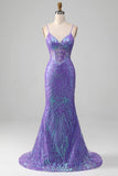 Mermaid Spaghetti Straps Sparkly Sequin Purple Corset Prom Dress