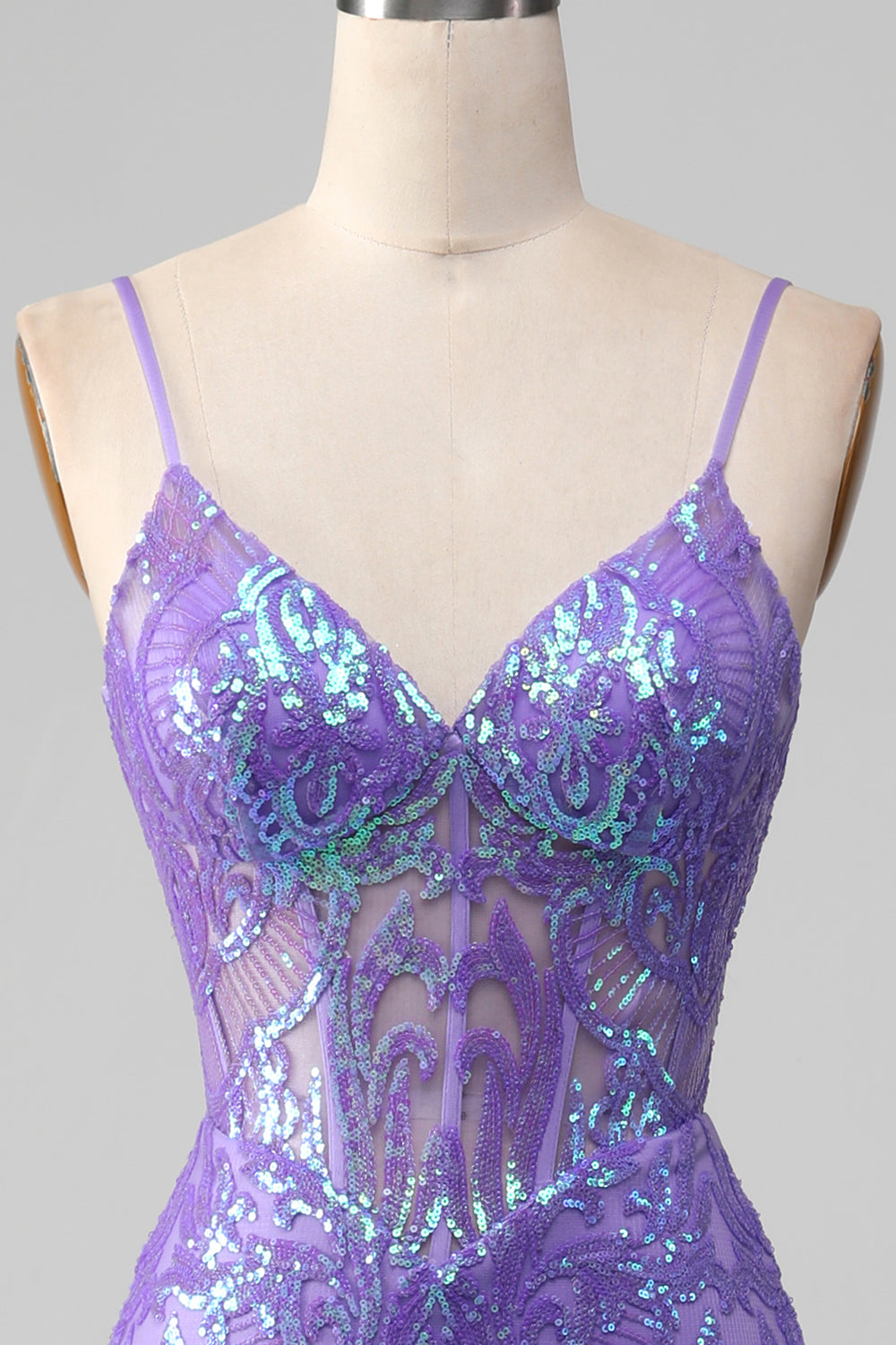 Mermaid Spaghetti Straps Sparkly Sequin Purple Corset Prom Dress