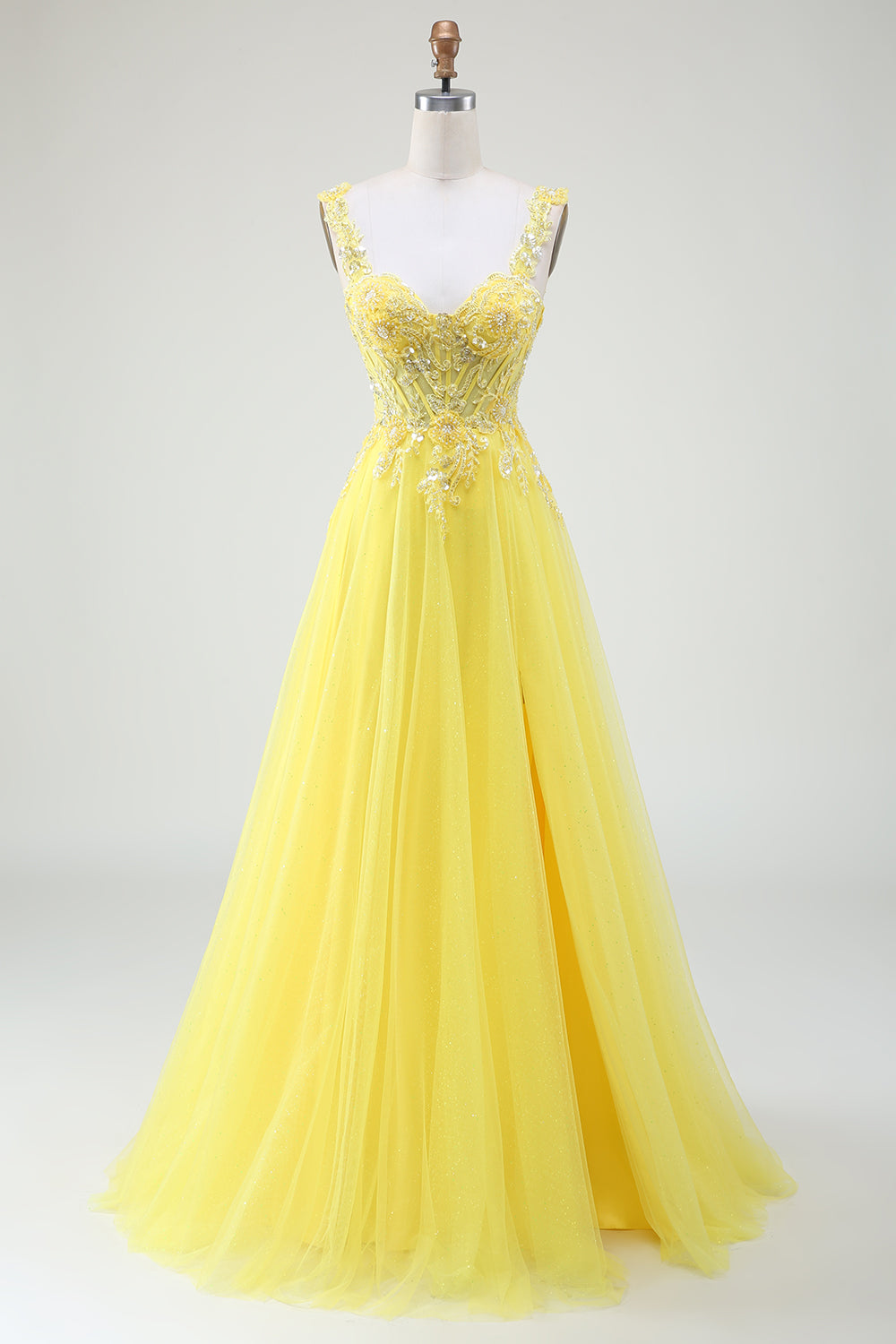 Wedtrend Women Sparkly Beaded Yellow Corset Long Prom Dress with Slit Tulle Party Dress, Yellow / US12 Wedtrend Women Sparkly Beaded Yellow Corset Long Prom Dress with Slit Tulle Party Dress, Yellow / US12