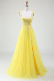 Yellow A-Line Tulle Sparkly Beaded Corset Prom Dress with Slit