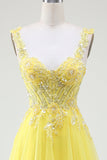 Yellow A-Line Tulle Sparkly Beaded Corset Prom Dress with Slit