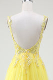 Yellow A-Line Tulle Sparkly Beaded Corset Prom Dress with Slit