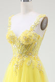 Yellow A-Line Tulle Sparkly Beaded Corset Prom Dress with Slit