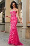 Fuchsia Mermaid Spaghetti Straps Sequins Corset Prom Dress with Appliques