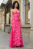 Fuchsia Mermaid Spaghetti Straps Sequins Corset Prom Dress with Appliques