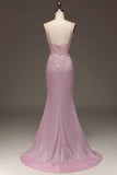Glitter Blush Mermaid Spaghetti Straps Long Prom Dress with Beading