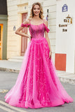 Sparkly Hot Pink A-Line Cold Shoudler Corset Prom Dress with Beading