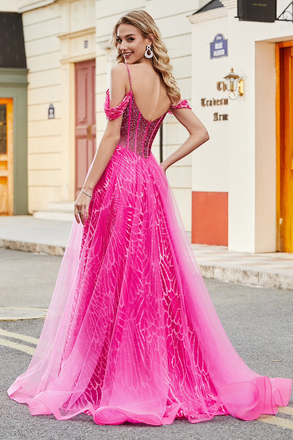 Wedtrend Women Sparkly Hot Pink Prom Dress A-Line Cold Shoudler Corset Evening Dress with Beading WEDTREND Wedtrend Women Sparkly Hot Pink Prom Dress A-Line Cold Shoudler Corset Evening Dress with Beading WEDTREND