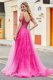 Sparkly Hot Pink A-Line Cold Shoudler Corset Prom Dress with Beading