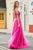 Sparkly Hot Pink A-Line Cold Shoudler Corset Prom Dress with Beading