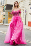 Sparkly Hot Pink A-Line Cold Shoudler Corset Prom Dress with Beading