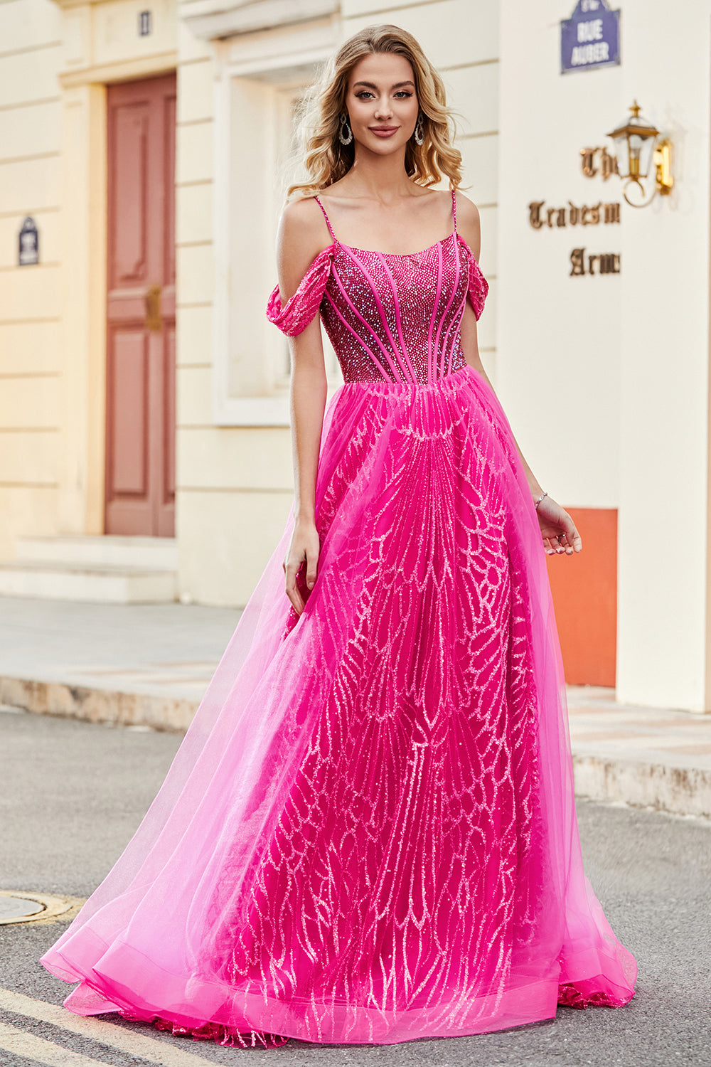 Wedtrend Women Sparkly Hot Pink Prom Dress A-Line Cold Shoudler Corset Evening Dress with Beading WEDTREND Wedtrend Women Sparkly Hot Pink Prom Dress A-Line Cold Shoudler Corset Evening Dress with Beading WEDTREND