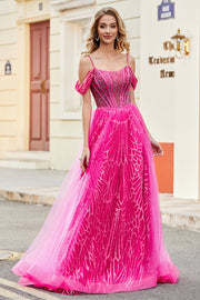 Sparkly Hot Pink A-Line Cold Shoudler Corset Prom Dress with Beading
