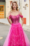 Sparkly Hot Pink A-Line Cold Shoudler Corset Prom Dress with Beading