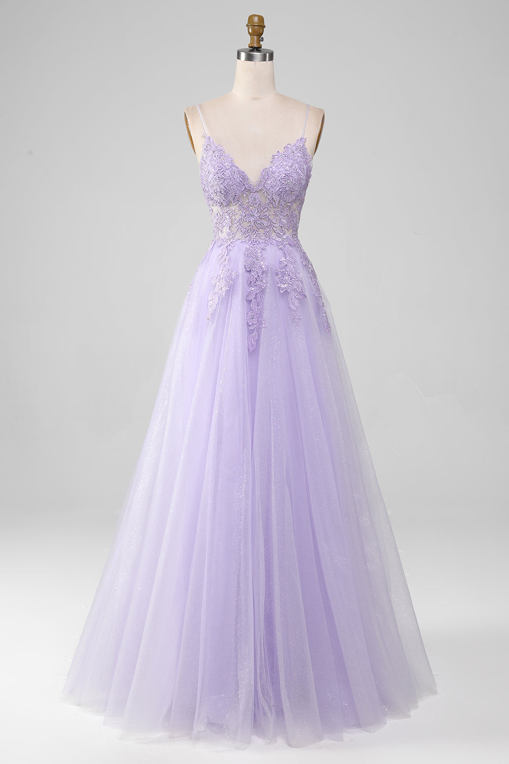 Light Purple A-Line Spaghetti Straps Long Sparkly Prom Dress With Beading