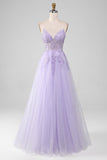 Light Purple A-Line Spaghetti Straps Long Sparkly Prom Dress With Beading