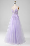 Light Purple A-Line Spaghetti Straps Long Sparkly Prom Dress With Beading