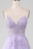Light Purple A-Line Spaghetti Straps Long Sparkly Prom Dress With Beading