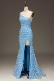 Light Blue Mermaid One Shoulder Side Slit Sequin Prom Dress with Appliques