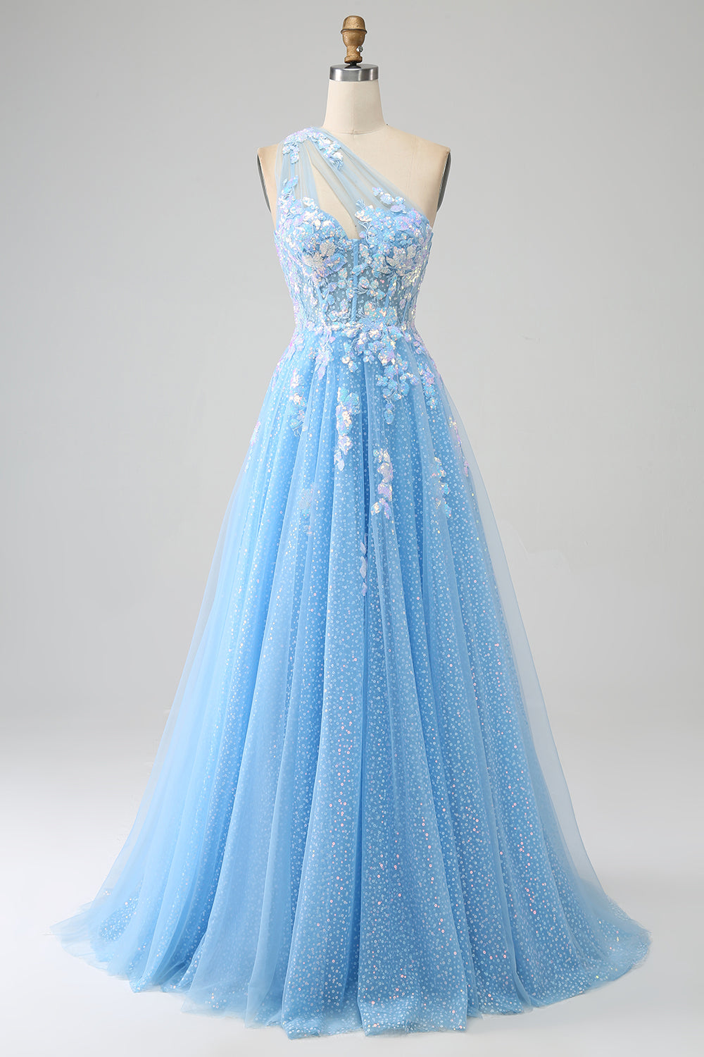 Wedtrend Women Light Blue Prom Dress A Line One Shoulder Tulle Evening Dress With Appliques WEDTREND Wedtrend Women Light Blue Prom Dress A Line One Shoulder Tulle Evening Dress With Appliques WEDTREND