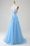 Stunning Light Blue A Line One Shoulder Long Tulle Prom Dress with Appliques