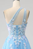 Stunning Light Blue A Line One Shoulder Long Tulle Prom Dress with Appliques