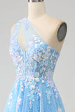 Stunning Light Blue A Line One Shoulder Long Tulle Prom Dress with Appliques