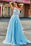 Light Blue A Line One Shoulder Long Tulle Prom Dress With Appliques