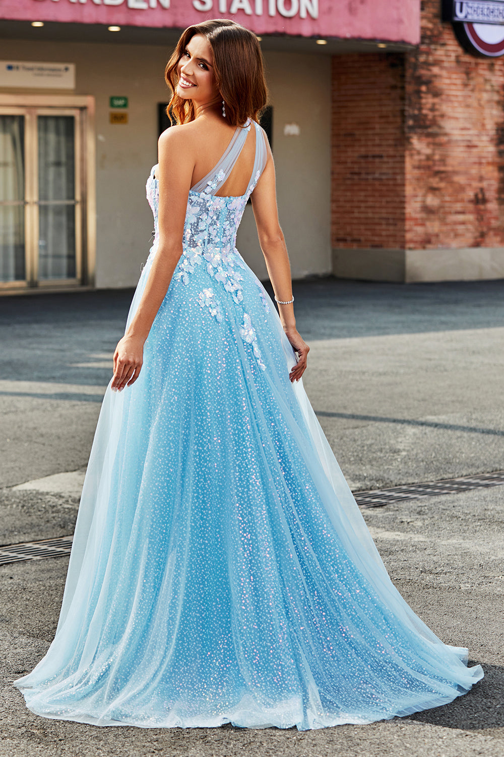 Wedtrend Women Light Blue Prom Dress A Line One Shoulder Long Tulle Evening Dress With Appliques WEDTREND Wedtrend Women Light Blue Prom Dress A Line One Shoulder Long Tulle Evening Dress With Appliques WEDTREND